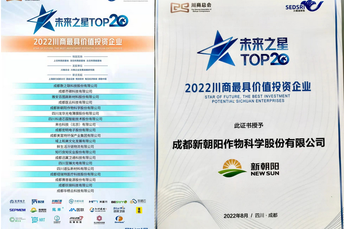 2022（第三屆）未來(lái)大會(huì )，成都新朝陽(yáng)榮獲“2022川商最具投資價(jià)值TOP20企業(yè)”